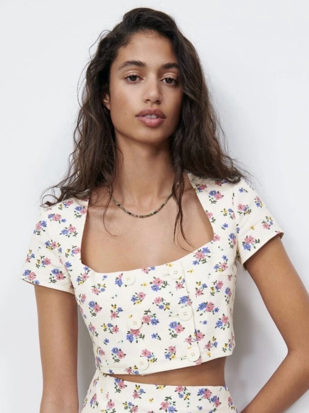 Zara Cream Floral Square-Neck Crop Top